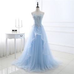 Blue tulle lace long prom dress, blue lace evening dress Court Train Prom Dress, Dresses Cosplay, Light Blue Wedding Dress, Prom Dresses Long Blue, Blue Wedding Dress, Chic Prom Dresses, Light Blue Prom Dress, Light Blue Wedding, Tulle Evening Dress