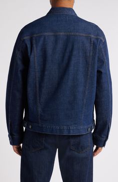 A hint of stretch helps this staple denim jacket get softer with each wear while its boxy silhouette underscores its vintage vibe. 26" length Front button closure Spread collar Chest button-flap patch pocket; side-seam pockets Button cuffs Adjustable button side tabs 99% cotton, 1% elastane Machine wash, tumble dry Made in the USA of imported fabric Classic Denim Utility Jacket With Patch Pockets, Classic Denim Jacket With Lapel Collar And Patch Pockets, Classic Relaxed Fit Denim Jacket With Patch Pockets, Classic Single Breasted Medium Wash Denim Jacket, Classic Dark Wash Outerwear With Patch Pockets, Classic Denim Jacket With Welt Pockets For Work, Classic Denim Jacket With Lapel Collar And Welt Pockets, Classic Denim Jacket With Buttoned Pockets And Relaxed Fit, Classic Denim Jacket With Flap Pockets