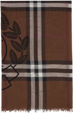 Rectangular plain-woven wool and silk-blend scarf in brown. Check patttern and graphic pattern printed throughout. · Fringed detailing at edges · H86 x W27 in Supplier color: Dark birch brown Burberry Print Pattern, Rectangular Scarfs Patterns, Burberry Throw Blanket, Burberry Inspired Scarf, Burberry Plaid Print, Burberry Ruana, Burnerry Cotton Scarf, Burberry Clothing, Burberry Outfit