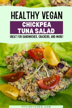 healthy vegan chicken tuna salad recipe on lettuce leaves with tomatoes and peppers