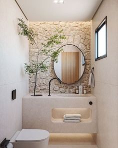 a bathroom with stone walls and a round mirror on the wall above the toilet, along with a plant