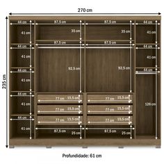 the measurements for an open bookcase with drawers and shelves on each side are shown