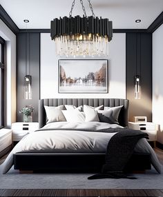 a bedroom with a large bed and chandelier hanging from the ceiling