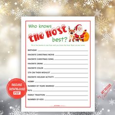 a printable christmas wish list with santa claus and reindeers on it, surrounded by snowflakes