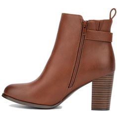 The Angie bootie features an almond toe shape, block heel, embellished by a strap and buckle accent and a decorative zipper on the exterior side. Fall Boots With Heel Strap In Medium Width, Fall Boots With Heel Strap Medium Width, Fall Boots With Heel Strap And Medium Width, Brown Boots With Heel Strap For Fall, Block Heel Boots With Buckle Closure In Medium Width, Fall Boots With Heel Loop And Block Heel, Block Heel Boots With Buckle Closure, Block Heel Boots With Heel Loop For Fall, Heeled Chelsea Boots