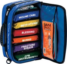 an open blue case with various items inside it and the contents in each bag are labeled