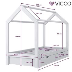 a white bed frame with measurements for the top and bottom drawers on each side is shown