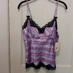 Very Comfortable And Cool. 100% Polyester, Feels And Looks Like Satin. Accented Bosom And Trim Of Chemise In Soft Black Lace. Purple V-neck Camisole For Loungewear, Purple Sleep Tops For Spring, Spring Purple Sleep Top, Purple Spring Sleep Top, Purple Camisole Top For Loungewear, Fitted Purple Sleep Top, Purple Camisole Loungewear, Purple Camisole For Sleepover, Fitted Purple Camisole Sleepwear