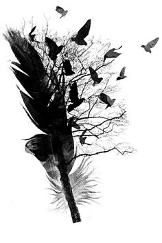 black and white photograph of tree with birds flying around