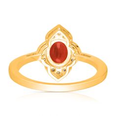 This one-of-a-kind ruby and white diamond ring set in 14k yellow gold is an exquisite expression of beauty from our HEIRLOOM collection. This ring features 1.20 CTW of ruby and white diamonds. Our HEIRLOOM collection features colored gemstones - precious rubies, emeralds, tanzanites, and sapphires. In this collection, you will find an array of rich designs from statement cocktail rings to brilliant earrings and pendants characterized by a precious gemstone set in gold and accented with diamonds. Gold Oval Ruby Ring With Diamond Accents, Red Ruby Ring With Diamond Accents In 14k Gold, Fine Jewelry Red Diamond Ring With Rose Cut, 14k Gold Ruby Ring With Rose Cut Diamonds, Red Diamond Birthstone Ring With Rose Cut, Gold Ruby Ring With Diamond Accents For Promise, Gold Ruby Ring With Accent Stones, Formal Red Birthstone Ring With Rose Cut Diamonds, Yellow Gold Ruby Ring With Diamond Accents