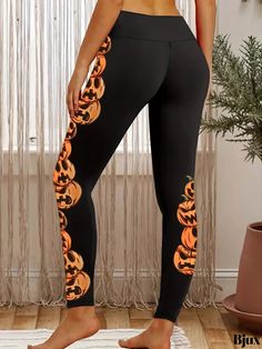 Bjux - Womens Halloween-themed Pumpkin Print High Waist Skinny Leggings - An Ideal Pick for Casual Wear Casual Stretch Bottoms For Halloween, Black Bottoms For Halloween Costume, Black Stretch Pants For Halloween, Fitted Casual Pants For Halloween, Fitted Bottoms For Halloween Costume Party, Halloween Punk Style Fitted Leggings, Stretch Halloween Leggings, Casual Skull Print Stretch Leggings, Halloween Stretch Skull Print Leggings