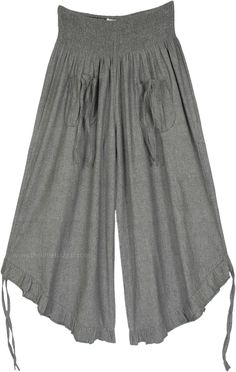 A pair of cropped pants, culottes, featuring a smocked elastic waistband, 2 front tie pockets, and tie ruffle leg opening made from oxford cotton chambray fabric.  The front pockets come with a functional tie-up string that gives it a bohemian look. #tlb #WideLegCulottes #Pocket #vacationclothing #beachwrap #bohemianfashion #GreyCulottePants #CottonCulottes #Widelegpants Cotton Paperbag Waist Bottoms With Tie, Cotton Bottoms With Tie And Paperbag Waist, Cotton Paperbag Waist Bottoms For Loungewear, Relaxed Fit Bottoms With Ruffles For Daywear, Relaxed Fit Ruffled Bottoms For Daywear, Summer Ruffle Pants With Relaxed Fit, Summer Ruffled Relaxed Fit Pants, Cotton Paperbag Waist Pants With Tie, Spring Pants With Side Pockets For Daywear