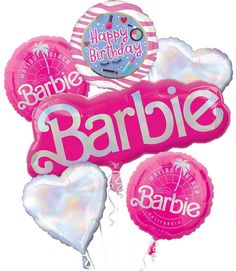 a bunch of balloons that say happy birthday barbie and the words barbie are in pink