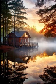 a dock with a house on it in the middle of a body of water at sunset