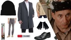 a man wearing a hat and gloves next to items from the tv show mad men