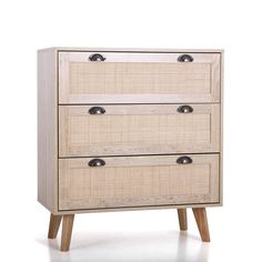 a wooden dresser with three drawers and two handles on the bottom shelf, against a white background