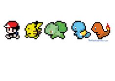 four pixel style pokemons with different colors and sizes, all in the same row