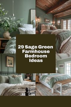 two sage green farmhouse bedroom ideas with text overlay that reads, 29 sage green farmhouse bedroom ideas