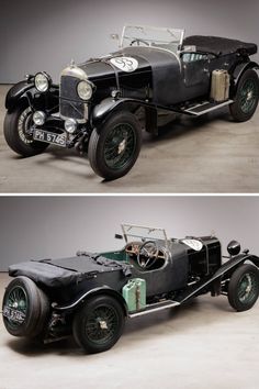 an old model car is shown in two different views