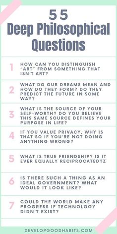 Philosophy, which looks at knowledge, truth, meaning, and existence, is one of the oldest-practiced sciences in human history. And I’m not really sure how far we’ve gotten. As you’re asking the deep philosophical questions that we are going to go over in this article to get to know someone better or to understand yourself on a deeper level. | Philosophy | spirituality | questions to ask yourself and others #philosophy #infographics #questions Philosophical Questions About Life, How To Get Someone Obsessed With You, Philosophy Questions To Ask, Spiritual Questions To Ask Yourself, Psychology Questions To Ask, Questions That Make You Think Deep, Philosophical Journal Prompts, Questions To Get To Know Yourself, Spirituality Questions