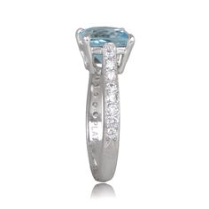 This ring features a lively and deeply saturated 1.54 carat natural aquamarine. The center stone is accented by diamonds along the shoulder, weighing a total diamond weight of approximately 0.32 carats. The lovely open under gallery adds to the delicacy of this ring. The measurements of the center stone are approximately 7.20mm x 7.05mm x 4.95mm. This ring can be resized to any finger size at no additional cost. If you have any questions regarding the Tagus ring, please feel free to contact us. Aquamarine Engagement Rings, Aquamarine Ring Vintage, Estate Diamond Jewelry, Belt Ring, Open Gallery, Aquamarine Engagement Ring, Platinum Ring, Vintage Engagement, Natural Aquamarine