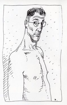 a black and white drawing of a man with glasses