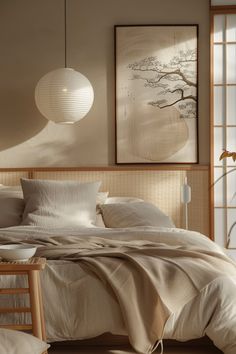 a bed with white sheets and pillows in a room next to two pictures on the wall