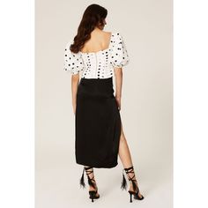 White and black printed taffeta (100% Polyester). Top. Short sleeves. Square neckline. Back zipper closure. Hook-and-eye closure. Partially lined. 20" from shoulder to hemline. Imported. Sheer Polka Dot Top, Self Portrait Polka Dot Dress, Polka Dot V-neck Top With Ruffles, Cotton T-shirt With Polka Dot Pattern And Short Sleeves, Sleeveless Polka-dotted Cotton Top, Polka Dot Blouse, Rent The Runway, Square Necklines, Closet Designs