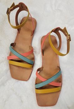 Multi colored strappy flat sandals Features coral, mango and teal colored straps including comfortable ankle straps Perfect Summer sandals to coordinate with many outfits Strappy Flat Sandals, Many Outfits, Dressy Sandals, Strappy Sandals Flat, Strappy Flats, Summer Sandals, Teal Colors, Ankle Straps, Sandals Summer