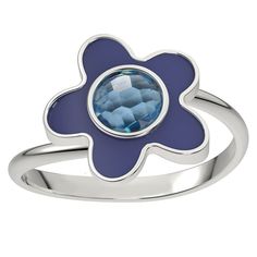 With blue enamel and a sparkling blue topaz stone, this whimsical sterling silver flower ring is a lovely accent to your ensemble. With blue enamel and a sparkling blue topaz stone, this whimsical sterling silver flower ring is a lovely accent to your ensemble. RING DETAILS Width: 2.5 mm Metal: sterling silver Plating: rhodium Finish: polished Material: enamel Packaging: boxedSTONE DETAILS Stone type: Swiss blue topaz Total weight: 1/2 ct. Stone size: 5 mm x 5 mm Shape: round Setting: bezel Gems Blue Gemstone Flower Ring, Blue Enamel Round Rings, Blue Flower-shaped Gemstone Ring, Blue Flower Gemstone Rings, Blue Flower Shaped Gemstone Ring, Blue Enamel Ring With Polished Finish, Blue Enamel Ring With Polished Finish As Gift, Blue Enamel Polished Round Ring, Blue Enamel Ring With Polished Finish For Gift