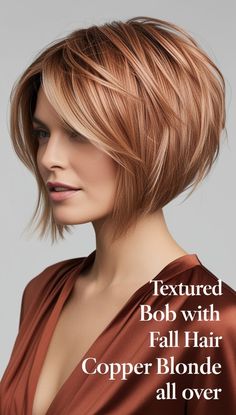 Textured Bob with Fall Hair Colors Copper Blonde All Over 🌼 Fall Hair Colors Copper, Copper Blonde Hair Color, Red And Blonde, Fall Blonde Hair Color, Copper Blonde Hair, Strawberry Blonde Hair Color, Copper Blonde, Textured Bob