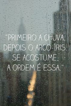 rain drops on the window with an image of a city in the background and a quote written