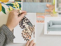 a person holding a butterfly on top of a piece of paper next to some pictures