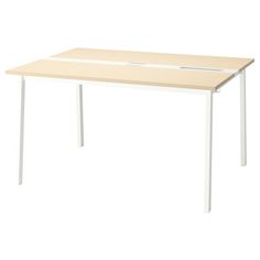 a table with two white legs and a light wood top, against a white background