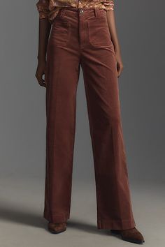 Cut from PAIGE's ultra-soft velvet corduroy (with just the right amount of stretch!), Sasha is a high-rise, wide-leg pant designed with perfectly placed patch pockets. | Sasha Corduroy High-Rise Wide-Leg Jeans by PAIGE in Brown, Women's, Size: 24, Cotton/Elastane/Modal at Anthropologie Brown Wide Leg Jeans, Paris Inspired Outfits, Thrift List, Anthropologie Clothing, Paris Inspired, High Rise Wide Leg Jeans, Brown Pants, Pants Design, Inspired Outfits