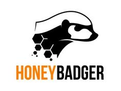 the honey badger logo is shown in black and orange colors, with an animal's head