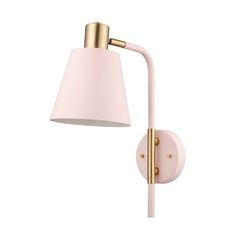 a wall light with a pink shade on the side and a gold metal pole attached to it