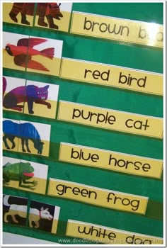 an animal themed bulletin board with pictures of animals and words to read in the same language