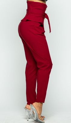 Burgundy High Waist Pants Belted Skinny Pants Pleated Stretch Zipper 70% RAYON 26% NYLON 4% SPANDEX Business Casual High-waist Bottoms With Elastic Waistband, Business Casual High Waist Bottoms With Elastic Waistband, High-waist Bottoms With Elastic Waistband For Work, High Waist Bottoms With Elastic Waistband For Work, Chic High-waisted Tie Waist Pants, Chic High-waisted Pants With Tie Waist, Chic Belted Straight Leg Bottoms, Business Casual Bottoms With Elastic Waistband, Chic Tie Waist Ankle-length Pants