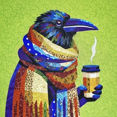 a painting of a raven holding a cup of coffee and wearing a scarf with its beak open