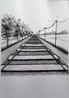 a pencil drawing of a train track with trees on each side and power lines in the background