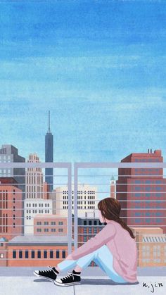 a painting of a woman sitting on a ledge in front of a cityscape