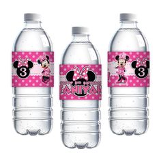 three water bottles with minnie mouse on them