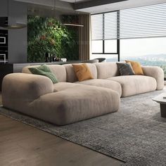 a living room filled with furniture and a large window covered in greenery on the wall