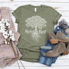 Tree rooted in christ tshirt Tshirt Hoodie Sweater Easy 30 day return policy Rooted In Christ, Women's Conference, Christ Shirts, Faith Based Clothing, Women's Ministry, Women Of Faith, Christian Tees, Youth Group, Christian Clothing