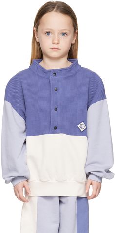 Waffle knit cotton, cotton jersey, and French terry sweatshirt. · Paneled construction · Stand collar · Four-press-stud placket · Embroidered logo patch at front · Dropped shoulders · Logo printed at back · Machine-wash Supplier color: Strong blue/Chalk Model measures 46.75 / 119 cm tall and wears size 8Y. Wynken Size: child's height 2Y: 36 / 92 cm 4Y: 41 / 104 cm 6Y: 45.5 / 116 cm 8Y: 50.5 / 128 cm 10Y: 55 / 140 cm 12Y: 60 / 152 cm Home Products, Knit Cotton, Waffle Knit, Kids Clothing, Stand Collar, French Terry, Cool Kids, Patch Logo, Kids Shop