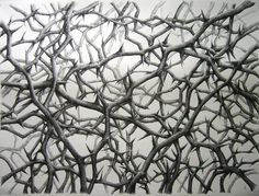 an abstract drawing of branches with snow on the top and bottom, against a white background