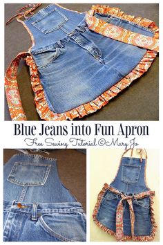 blue jean's into fun apron with ruffles on the front and back