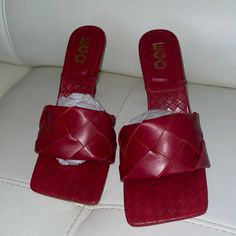 **Red Mules **Never Worn **Size Us 9 Red Synthetic Sandals With Pointed Toe, Red Pointed Toe Synthetic Sandals, Red Synthetic Pointed Toe Sandals, Casual Red High Heel Sandals, Red Sandals With Padded Heel And Square Toe, Red Square Toe Sandals With Padded Heel, Casual Red Sandals With Padded Heel, Red Synthetic Slip-on Heels, Casual Burgundy Pointed Toe Heels