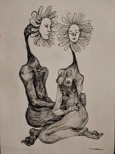 a drawing of two women sitting on the ground with flowers in their hair and one holding her head